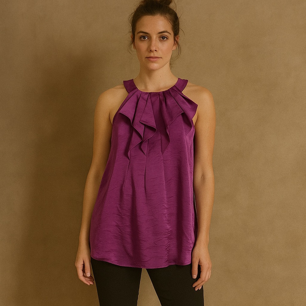 Adiva Purple Satin Blouse SZ XL Cascading Ruffle‎ Neckline